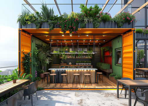 a beautifully designed cafe created from a converted shipping container, mobile, house, captivating, Shipping Container Tiny Home, steel containers, supreme quality, superior lightin