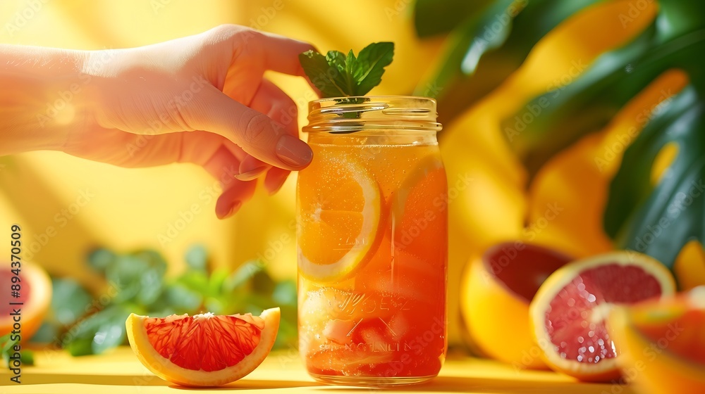Poster freshly squeezed blood orange juice with ice mint and a slice of fruit in a jar on a yellow backgrou