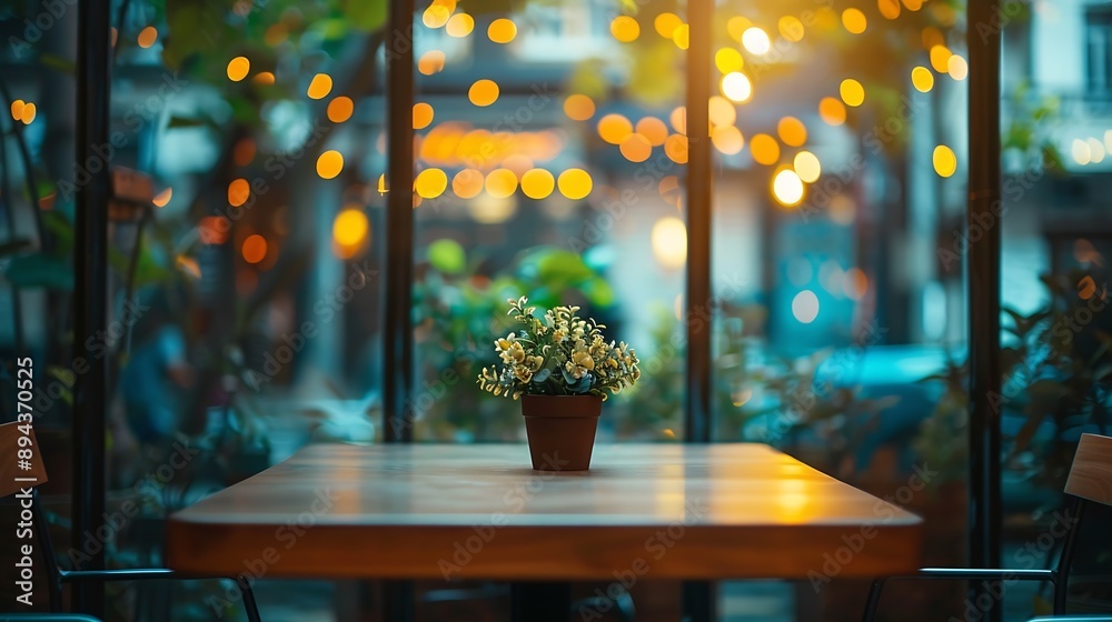Poster empty table to showcase your product against the background of a blurred cafe golden bokeh High quality photo : Generative AI