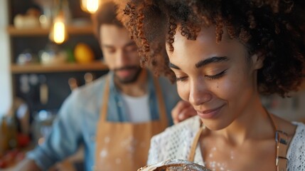 Biracial woman with eyes closed smelling freshly baked loaf of bread while cooking with boyfriend : Generative AI