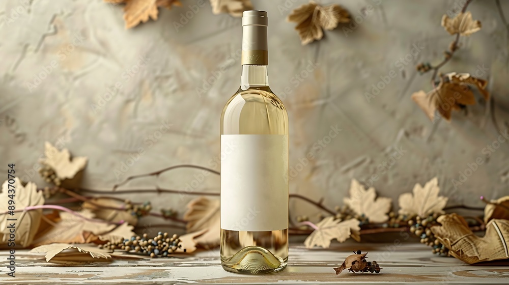 Aufkleber bottle of white wine with a composition of old plank dry snags and dried vine leaves neutral beige b