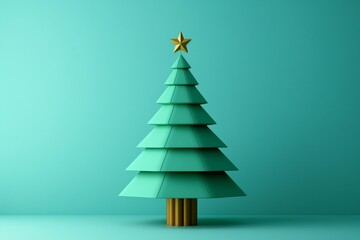 Sleek aqua Christmas tree with geometric design and star, clean setting
