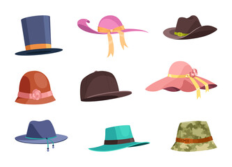 Cartoon hat icons. Female and male headwear, derby and cowboy, cap, panama and cylinder. Summer women vintage fashion hats set. Illustration female and male accessory