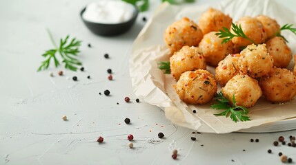 Baking paper with tasty nuggets and peppercorn on white background : Generative AI