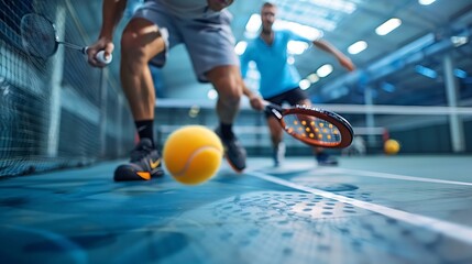 Athletic man and his partner playing pickleball tennis on the pickleball court indoors : Generative AI