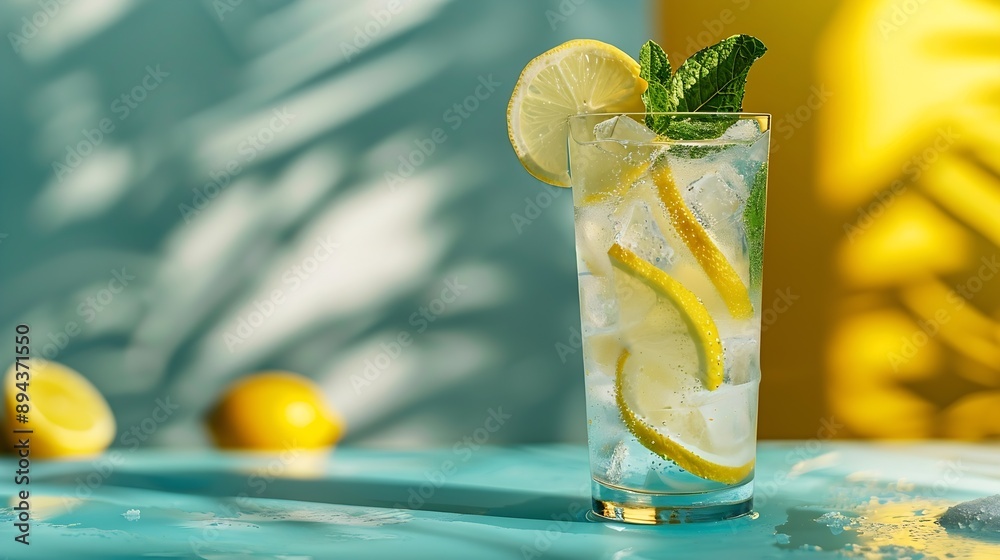 Poster a cold lemonade in a glass with lemon mint and ice on a yellow and blue background with shadow the c