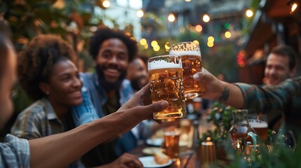 Group of multi ethnic friends having backyard dinner party together   Diverse young people sitting at bar table toasting beer glasses in brewery pub garden  Happy hour lunch break and  : Generative AI