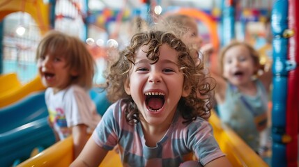 Naklejka premium Excited group of kids laughing and having fun while celebrating a friends birthday party in the indoor playground : Generative AI