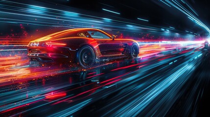 Futuristic Red Sports Car on a Neon Highway