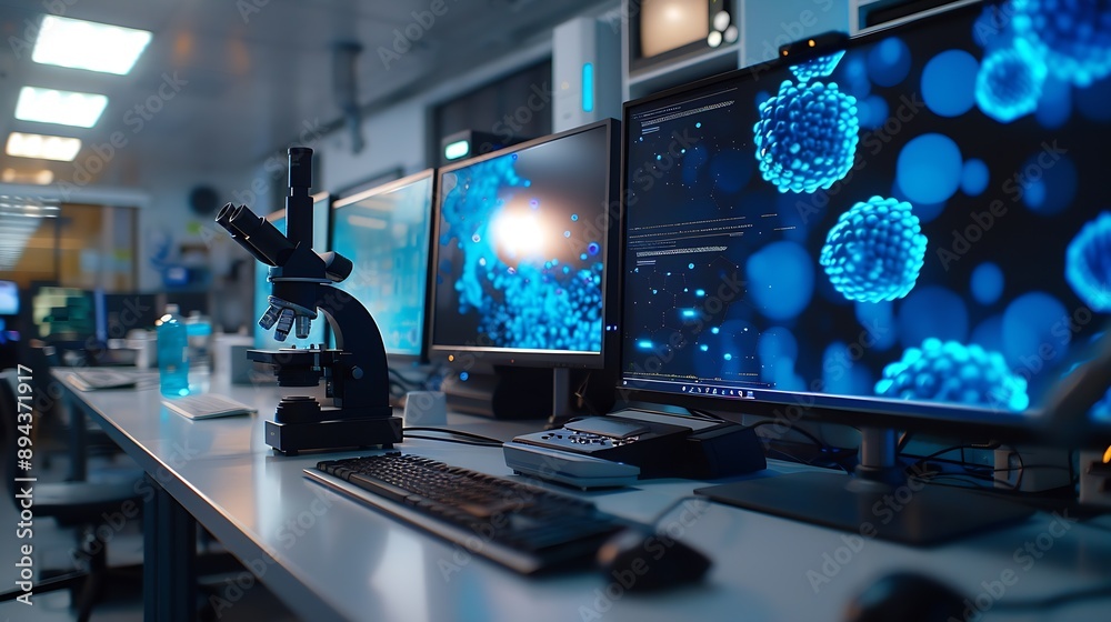 Poster computer lab with monitors and educational microscopes on the table : Generative AI