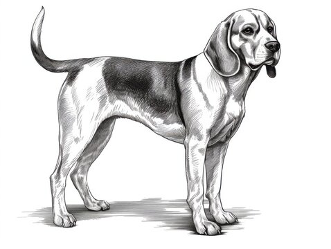 recommend clip art: Black and white Vintage engraved art of a Beagle isolated on white background, ink sketch illustration, simple vector art design, highly detailed line art, high contrasty
