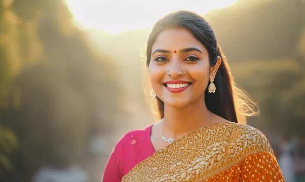 Portrait of a beautiful Indian woman in saree smiling at the camera