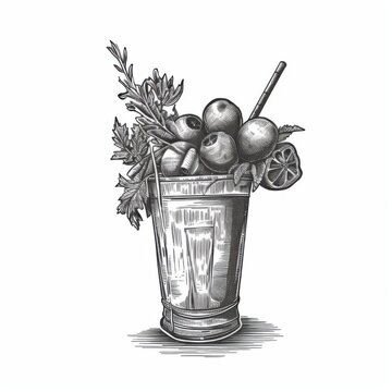 recommend clip art: Black and white Vintage engraved art of a Bloody Mary isolated on white background, ink sketch illustration, simple vector art design, highly detailed line art, high contrasty.