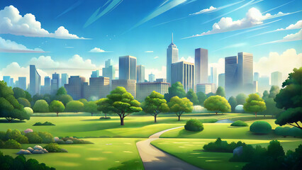 Obraz premium Modern City Skyline with Lush Green Park, Bright Day, Background
