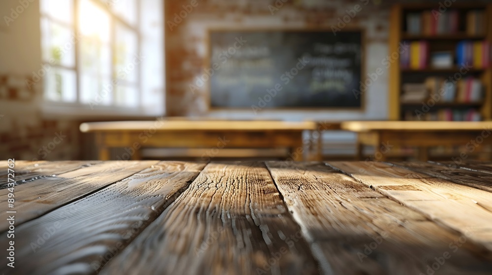 Poster Wooden board empty table background On the blurred background of the empty classroom : Generative AI