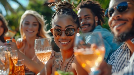 Vertical photo of a group of multiracial friends gathered together to take a photo while having fun in a barbecue drinking wine and enjoying the summer : Generative AI
