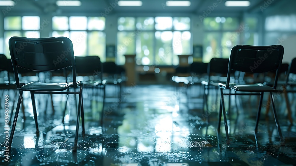 Poster defocused image of empty classroom of a campus with many black chairs arranged in the room empty cla