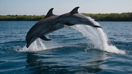 Dolphins creating beautiful patterns as they leap through the surf