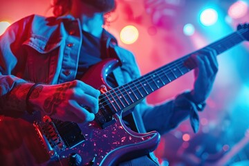 Obraz premium A close-up shot of a passionate musician playing the guitar on stage under vibrant concert lights. The intensity of the performance is captured in the artist's expression, with fingers expertly