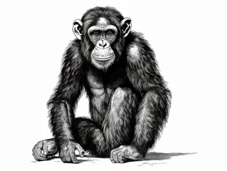 Fototapeta premium Black and white Vintage engraved art of a chimpanzee isolated on white background, ink sketch illustration, simple vector art design, highly detailed line art, high contrast