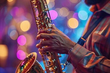Obraz premium Detailed close-up of a saxophonist performing on stage, with the instrument gleaming under the concert lights. The musician's fingers are precisely placed on the keys, and the focused expression on