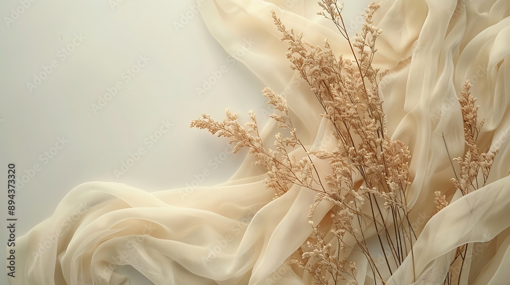 Aufkleber dry plants and silk ribbon on white background flat lay top view : generative ai