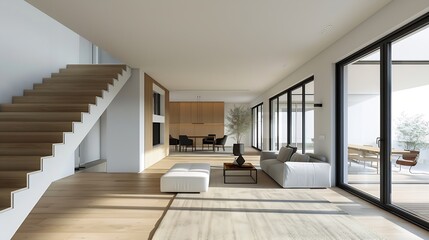 Fototapeta premium Contemporary home with minimal furnishings and decor light wood floor stairs white walls large windows with black frames and simple style : Generative AI