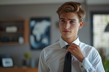 In a contemporary room with sleek decor, a young businessman ties his tie in a close-up shot. The modern furnishings and minimalist style provide a sophisticated backdrop. His focused expression and