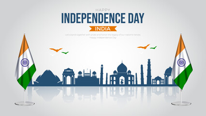 Happy Independence day India Social Media Post and Flyer Template. 15th August - India Independence Day Celebration Greeting Card with Text and India Flag with Skyline Vector Illustration