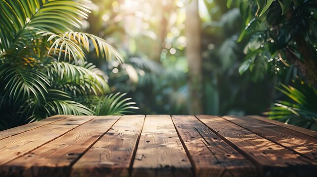 Wood tabletop counter podium floor in outdoors tropical garden forest blurred green palm leaf plant nature backgroundNatural product placement pedestal stand displaysummer jungle parad : Generative AI