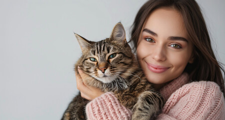 A young woman smiling and holding a tabby cat, showing the friendship and love between a pet and its owner, with copy space available for text banner.