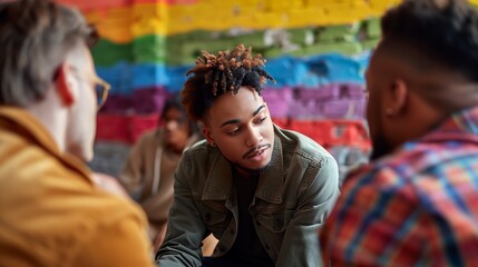 Fototapeta premium An LGBTQ+ person finds solace in supportive friends, creating a loving, safe space during tough times.