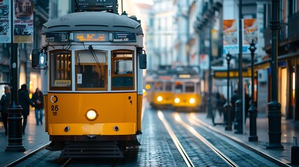 Billboards on an old yellow tramway in Milan : Generative AI