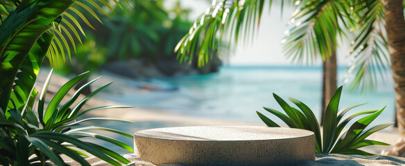 Abstract tropical background with podium for product presentation, mockup. Stone sand beach and water in the sunlight with palm leaves shadows