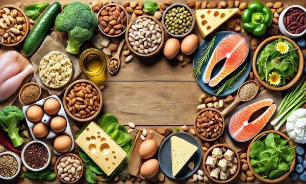 assortment of healthy foods on a wooden table with a place for text in the middle. Fresh vegetables, fruits, nuts, grains, eggs, cheese, and salmon. healthy eating habits concept