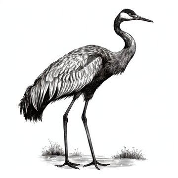 recommend clip art: Black and white Vintage engraved art of a crane isolated on white background, ink sketch illustration, simple vector art design, highly detailed line art, high contrasty