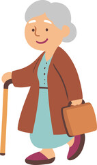 Doodle styled isolated old woman walking with cane carrying briefcase cartoon illustration png for grandparents, grandmother, retirement, aging society, generation, care, healthcare, mother, business