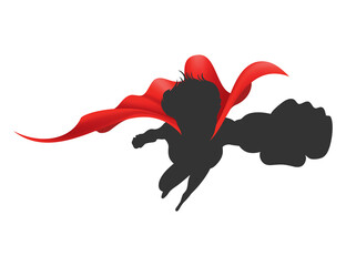 Woman superhero silhouette with scarlet fabric silk cloak. Mantle costume or cover cartoon illustration