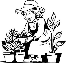 Senior woman in garden cartoon outline illustration png for lifestyle, grandmother, retirement, aging society, generation, grandparents day, mother, plant, hobby, activity, outdoor, coloring pages