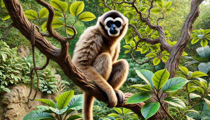 Obraz premium A gibbon sits on a tree branch surrounded by lush, green jungle foliage, showcasing its natural habitat. 