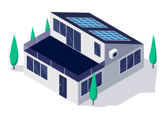 Classic and modern family house residential apartment building with roof solar panels. Real estate home property. Contemporary standard suburban urban village style