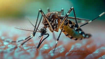 Macro Shot of Mosquito Biting Human Skin for Health and Disease Awareness