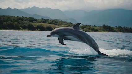 Fototapeta premium A dolphin gracefully diving beneath the turquoise waves