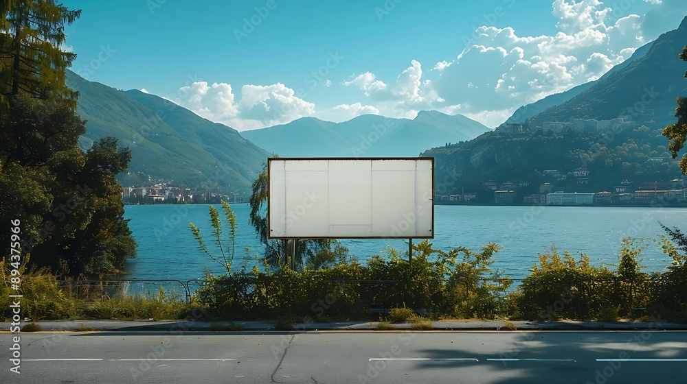 Poster white billboard in lugano between the lake and the road : generative ai