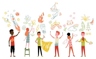 Kids of Different Nationalities Painting and Drawing with Brushes and Pencils on White Wall Illustration