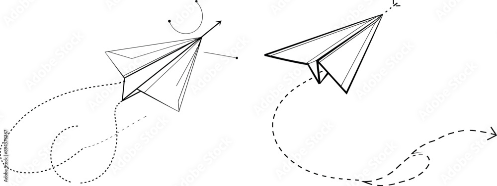 Poster modern abstract illustration flying ship in sky with continuous line paper plane.