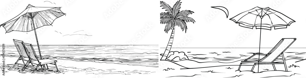Poster a beach umbrella and chair in one continuous line. summer vacation in a paradise island and sea in a