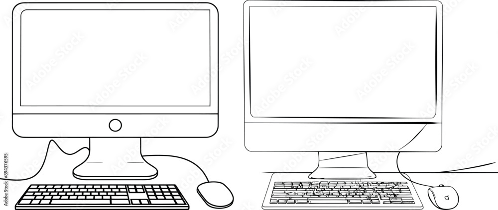 Fototapete One continuous line of computers and their accessories, such as PC monitors and keyboards, isolated on white.