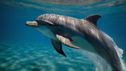 Fototapeta premium A dolphin making a high arc above the ocean water