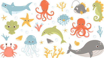 Fototapeta premium Set with hand drawn sea life elements in flat style. Vector doodle cartoon set of sea life objects for your design. Underwater marine fauna 